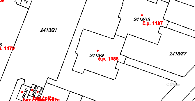 Doubravka 1188, Plzeň na parcele st. 2413/9 v KÚ Doubravka, Katastrální mapa