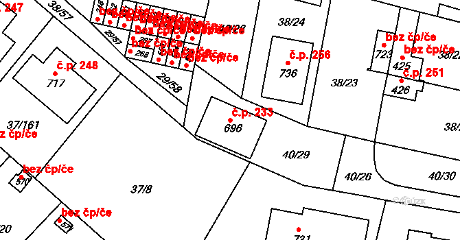 Nové Jesenčany 233, Pardubice na parcele st. 696 v KÚ Nové Jesenčany, Katastrální mapa