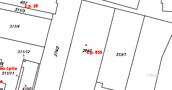 Plzeňské Předměstí 635, Rokycany na parcele st. 2642 v KÚ Rokycany, Katastrální mapa