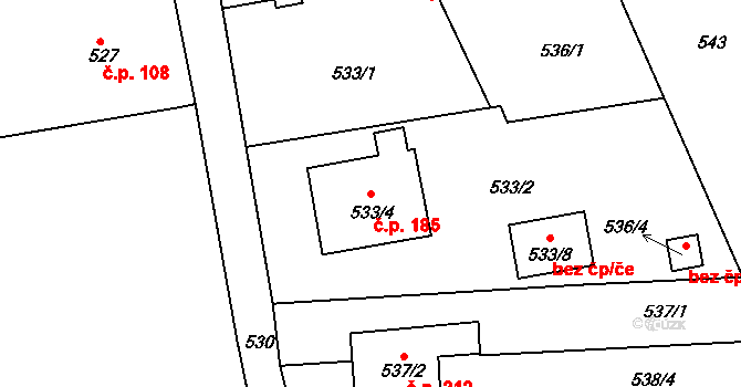 Božtěšice 185, Ústí nad Labem na parcele st. 533/4 v KÚ Božtěšice, Katastrální mapa