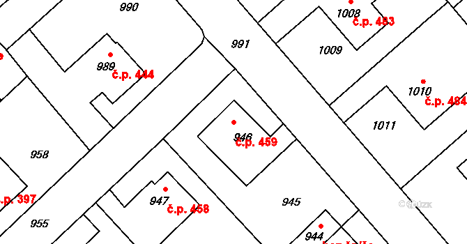 Měřín 459 na parcele st. 946 v KÚ Měřín, Katastrální mapa