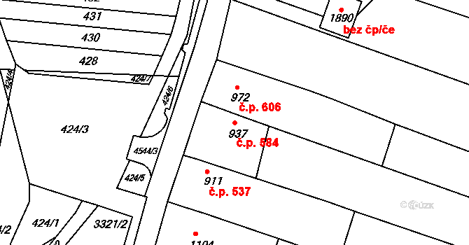 Valašské Klobouky 584 na parcele st. 937 v KÚ Valašské Klobouky, Katastrální mapa