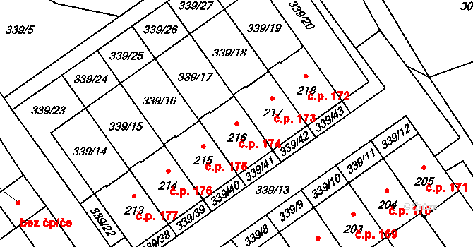 Machová 174 na parcele st. 216 v KÚ Machová, Katastrální mapa