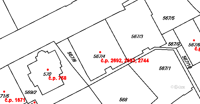 Předměstí 2692,2693,2744, Opava na parcele st. 567/3 v KÚ Opava-Předměstí, Katastrální mapa