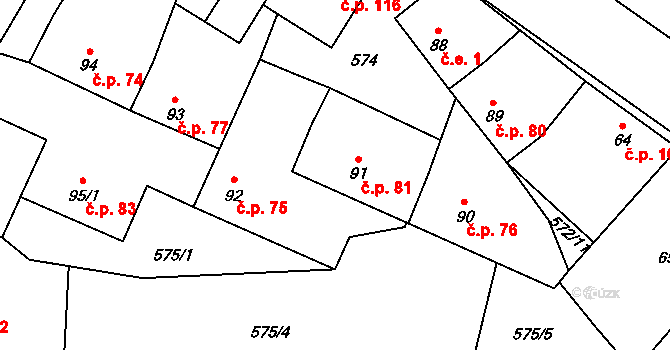 Lišany 81 na parcele st. 91 v KÚ Lišany u Rakovníka, Katastrální mapa