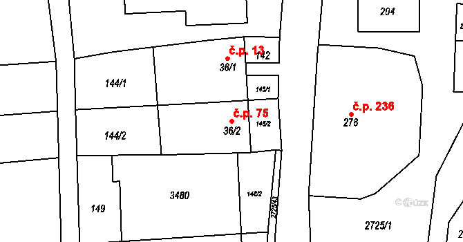 Jezernice 75 na parcele st. 36/2 v KÚ Jezernice, Katastrální mapa