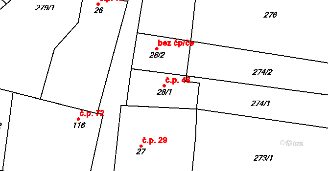 Polipsy 48, Čestín na parcele st. 28/1 v KÚ Polipsy, Katastrální mapa