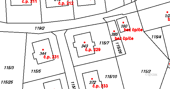 Olešnice 229 na parcele st. 343 v KÚ Olešnice u Trhových Svinů, Katastrální mapa