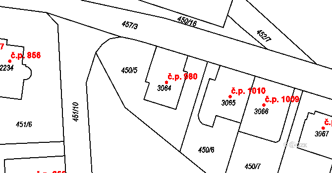 Horka-Domky 980, Třebíč na parcele st. 3064 v KÚ Třebíč, Katastrální mapa