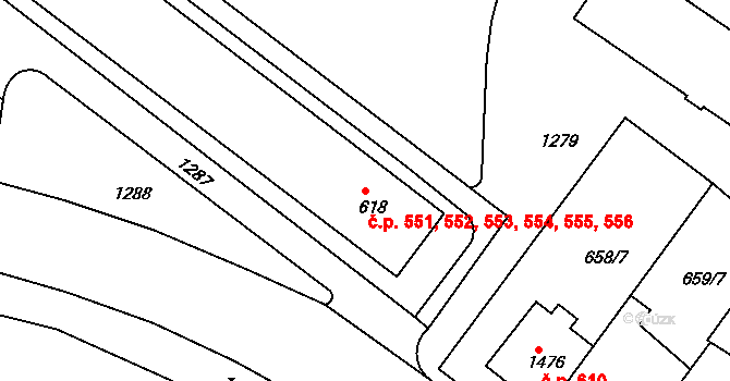 Náměšť nad Oslavou 551,552,553,554,555, na parcele st. 618 v KÚ Náměšť nad Oslavou, Katastrální mapa
