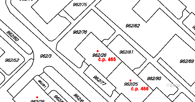 Frýdek 465, Frýdek-Místek na parcele st. 962/26 v KÚ Frýdek, Katastrální mapa