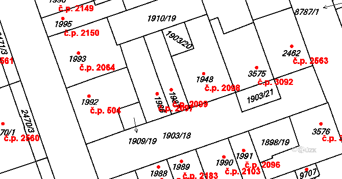 Hodonín 2099 na parcele st. 1987 v KÚ Hodonín, Katastrální mapa