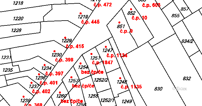 Šlapanice 1134 na parcele st. 1247 v KÚ Šlapanice u Brna, Katastrální mapa