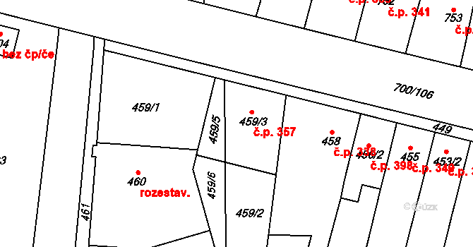 Rajhradice 357 na parcele st. 459/3 v KÚ Rajhradice, Katastrální mapa