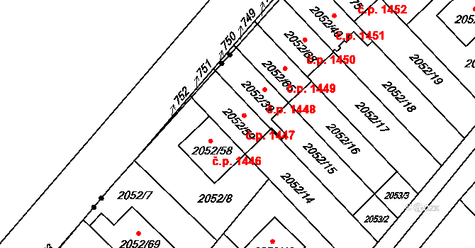 Radotín 1447, Praha na parcele st. 2052/59 v KÚ Radotín, Katastrální mapa