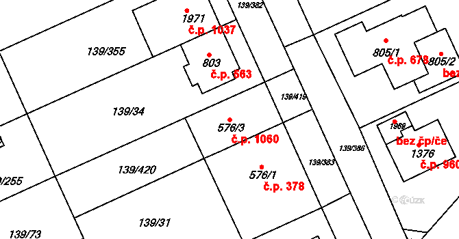 Podklášteří 1060, Třebíč na parcele st. 576/3 v KÚ Podklášteří, Katastrální mapa