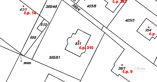 Řež 310, Husinec na parcele st. 831 v KÚ Husinec u Řeže, Katastrální mapa