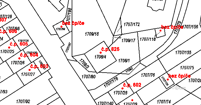 Miřetice u Klášterce nad Ohří 825, Klášterec nad Ohří na parcele st. 1708/4 v KÚ Miřetice u Klášterce nad Ohří, Katastrální mapa