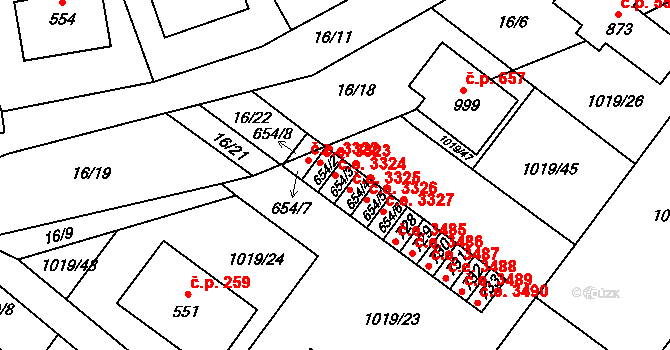 Kudlov 3324, Zlín na parcele st. 654/3 v KÚ Kudlov, Katastrální mapa