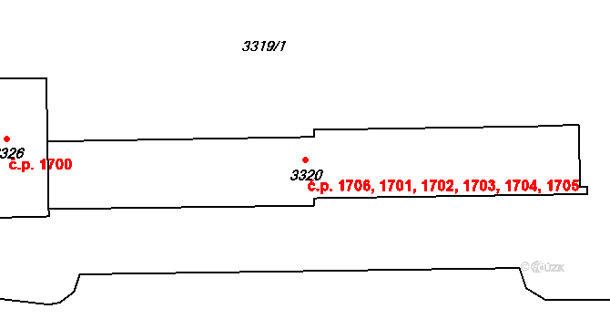 Žďár nad Sázavou 4 1701,1702,1703,1704,, Žďár nad Sázavou na parcele st. 3320 v KÚ Město Žďár, Katastrální mapa