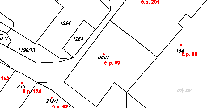 Jimramov 59 na parcele st. 185/1 v KÚ Jimramov, Katastrální mapa