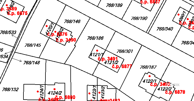Zlín 3491 na parcele st. 4121/1 v KÚ Zlín, Katastrální mapa