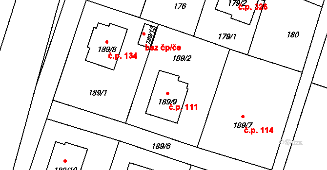 Oldřišov 111 na parcele st. 189/9 v KÚ Oldřišov, Katastrální mapa