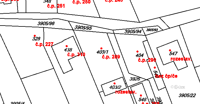 Záhorovice 289 na parcele st. 403/1 v KÚ Záhorovice, Katastrální mapa