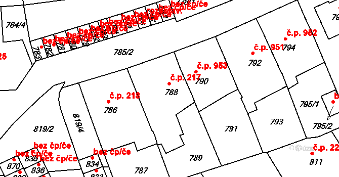 Třešť 217 na parcele st. 788 v KÚ Třešť, Katastrální mapa