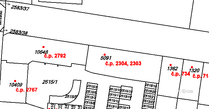 Zelené Předměstí 2303,2304, Pardubice na parcele st. 5091 v KÚ Pardubice, Katastrální mapa