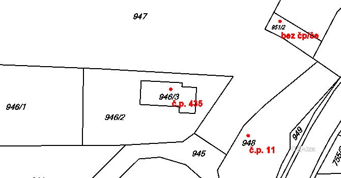 Hvozdná 435 na parcele st. 946/3 v KÚ Hvozdná, Katastrální mapa