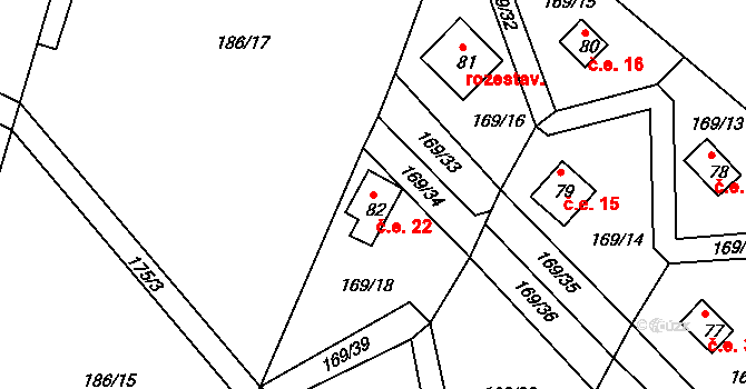 Pivonín 22, Zábřeh na parcele st. 82 v KÚ Pivonín, Katastrální mapa