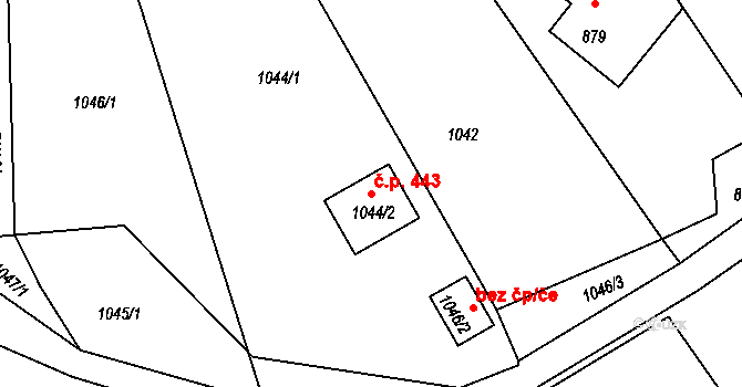 Hvozdná 443 na parcele st. 1044/2 v KÚ Hvozdná, Katastrální mapa