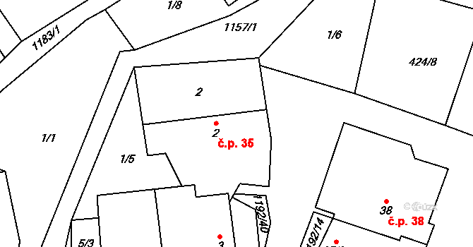 Bartoušov 35 na parcele st. 2 v KÚ Bartoušov, Katastrální mapa