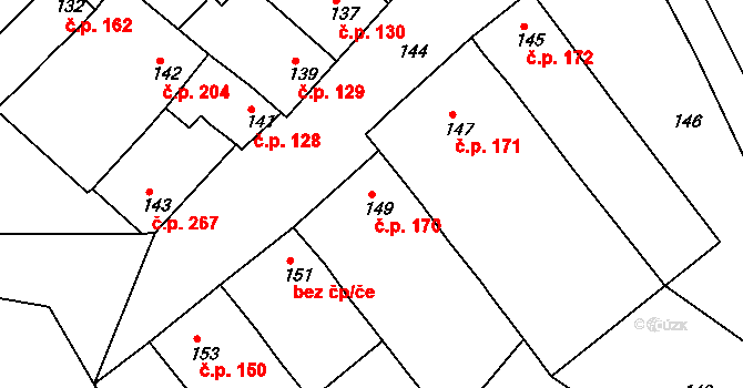 Hrušky 170 na parcele st. 149 v KÚ Hrušky, Katastrální mapa