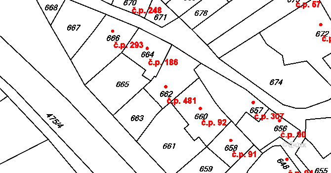 Konice 481 na parcele st. 662 v KÚ Konice, Katastrální mapa