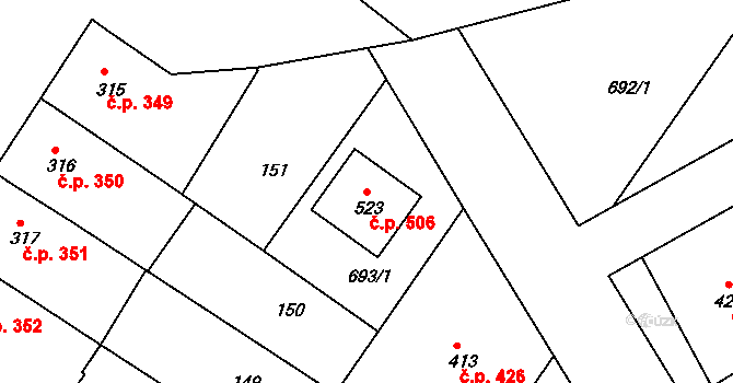 Smržice 506 na parcele st. 523 v KÚ Smržice, Katastrální mapa