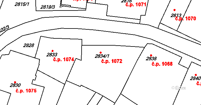 Rakšice 1072, Moravský Krumlov na parcele st. 2834/1 v KÚ Moravský Krumlov, Katastrální mapa