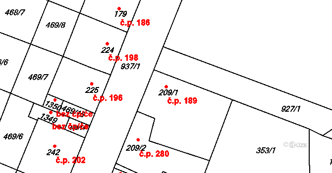 Přímětice 189, Znojmo na parcele st. 209/1 v KÚ Přímětice, Katastrální mapa