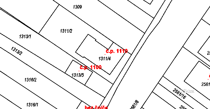 Lužice 1110 na parcele st. 1311/4 v KÚ Lužice u Hodonína, Katastrální mapa