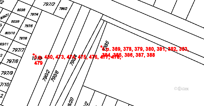 Telč-Staré Město 378,379,380,381,382,, Telč na parcele st. 1385 v KÚ Telč, Katastrální mapa