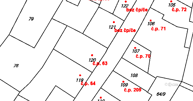 Rožďalovice 63 na parcele st. 120 v KÚ Rožďalovice, Katastrální mapa