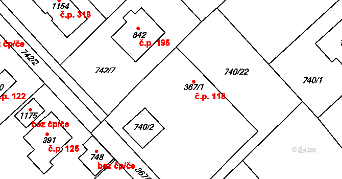 Měchenice 118 na parcele st. 367/1 v KÚ Měchenice, Katastrální mapa