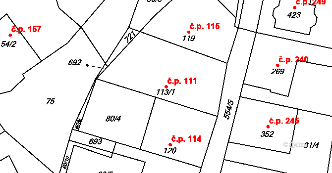 Veltruby 111 na parcele st. 113/1 v KÚ Veltruby, Katastrální mapa