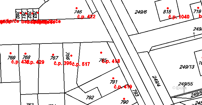 Švermov 418, Kladno na parcele st. 765 v KÚ Motyčín, Katastrální mapa