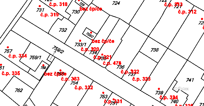 Kosmonosy 476 na parcele st. 735 v KÚ Kosmonosy, Katastrální mapa