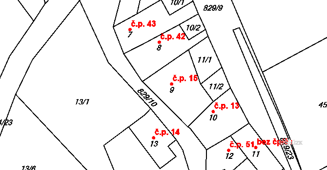 Jenčice 15 na parcele st. 9 v KÚ Jenčice, Katastrální mapa