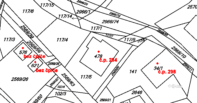 Kunčina 284 na parcele st. 478 v KÚ Kunčina, Katastrální mapa