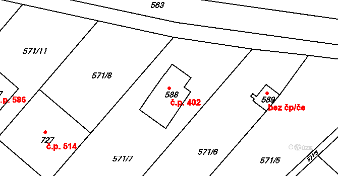 Podklášteří 402, Třebíč na parcele st. 588 v KÚ Podklášteří, Katastrální mapa