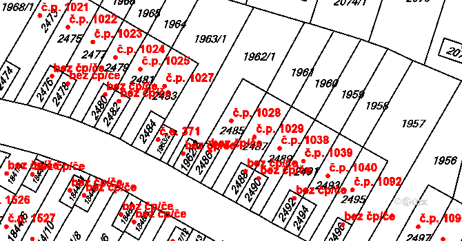 Husovice 1028, Brno na parcele st. 2485 v KÚ Husovice, Katastrální mapa